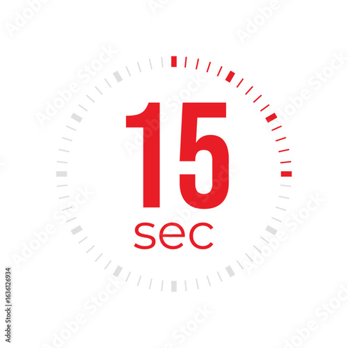 15 or fifteen second timer, clock, stopwatch, time, countdown timer, cooking time icon. Red color dial representing time measurement, progress, deadline, chronometer, alarm, kitchen timer label.