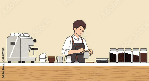 Professional male barista in an apron preparing a specialty coffee at a cafe counter with an espresso machine.
