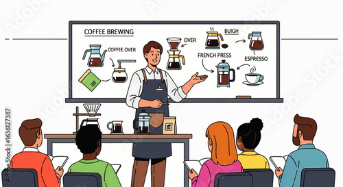 Coffee masterclass with an expert barista explaining different brewing techniques like pour-over and French press to students.