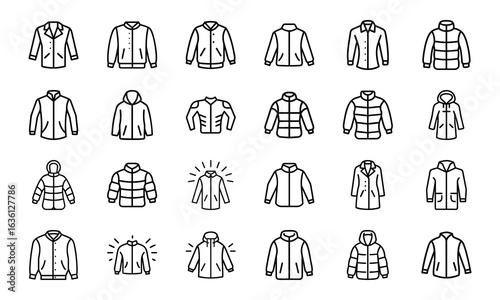 Winter Jacket and Coat Icon Set – Minimal Line Style Vector Illustrations of Outerwear, Puffer Jackets, Parkas, Hooded Coats, and Fashion Clothing Icons for Cold Weather Design Projects