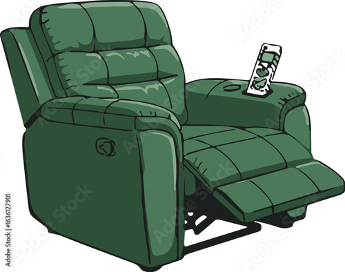 Green recliner chair, padded seat, extended footrest, remote control, comfort furniture, adjustable position, relaxation, cushioned backrest, home decor, ergonomic design
