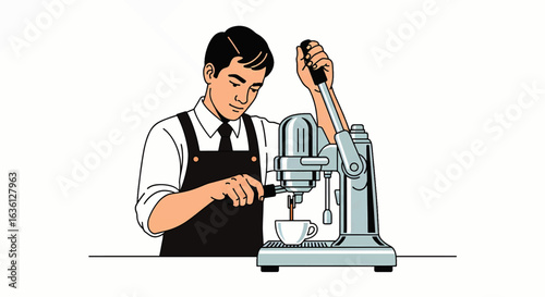 A professional barista wearing an apron meticulously pulls a shot of espresso using a traditional manual lever coffee machine illustration
