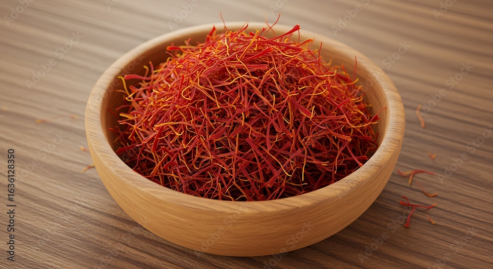 Fototapeta premium Closeup of Aromatic Saffron Spice in Bowl on Rustic Table – Culinary Delight.