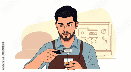 Skilled barista in an apron expertly crafting an espresso drink using a portafilter in a coffee shop. Vector illustration.