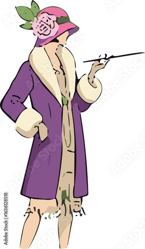 Vintage fashion, purple coat, fur collar, beige fringe dress, pink hat, flower accessory, cigarette holder, 1920s style, elegant pose, retro outfit