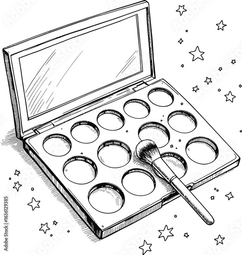 Stylized makeup palette illustration with mirror, empty compartments, brush, and starry background in beauty theme