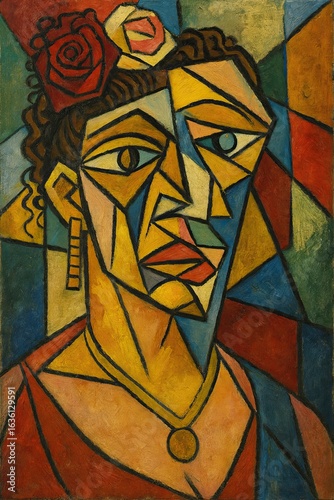 Cubist Portrait of a Woman with Flowers