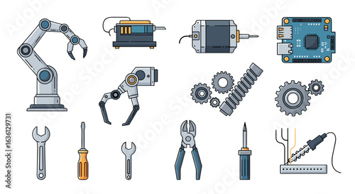 Illustration showing various robotic components and tools including arm gears and circuit board design kit
