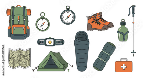 Illustration of camping gear including a backpack compass boots tent and first aid kit for outdoor adventures
