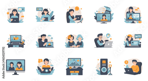 Illustrations depicting people working remotely using various devices and communication tools online
