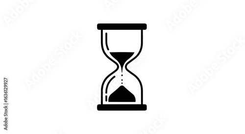 A black and white illustration of an hourglass with sand flowing from top to bottom chamber shown clearly