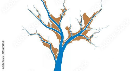 Abstract Tree with Blue Water Channels and Brown Landmasses