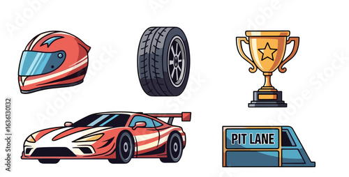 Cartoon illustration of a racing helmet, tire, trophy, race car, and pit lane sign in vibrant colors