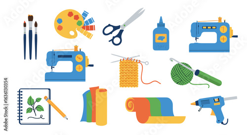 Illustration showcasing various art and craft supplies including sewing and painting tools displayed