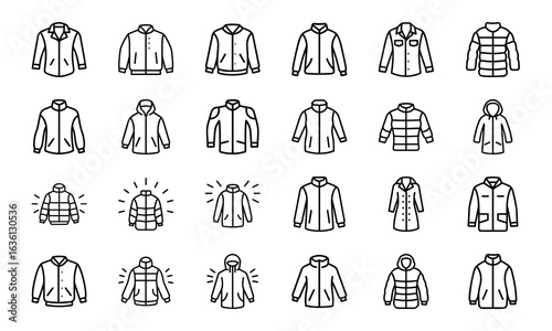 Winter Jacket and Coat Icon Set – Minimal Line Style Vector Illustrations of Outerwear, Puffer Jackets, Parkas, Hooded Coats, and Fashion Clothing Icons for Cold Weather Design Projects