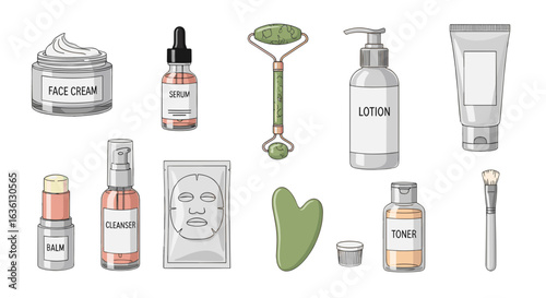 Illustration of assorted skincare products including cream serum roller and cleanser on white background