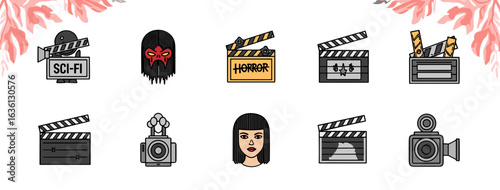 Collection of movie themed icons featuring genres like sci fi horror and various film equipment tools