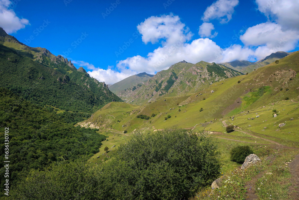 Fototapeta premium Landscape of North Caucasus peaks near Verkhnyaya Balkaria village, Kabardino-Balkaria, Russia