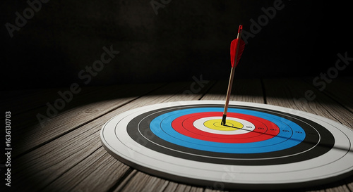 3D illustration of a dart hitting the center of a red target symbolizing success accuracy and goal achievement in business competition