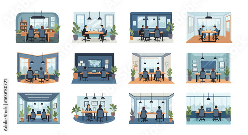 Collection of twelve office spaces featuring people working at desks in various modern settings and layouts