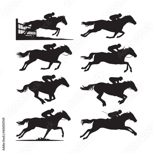 Dynamic silhouettes of thoroughbred racehorses and jockeys in full gallop and over hurdles