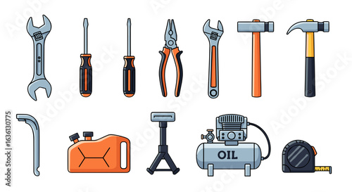 Illustration of various tools including wrenches, screwdrivers, hammers, and an air compressor unit