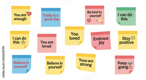 Collection of colorful sticky notes with positive affirmations and motivational quotes displayed