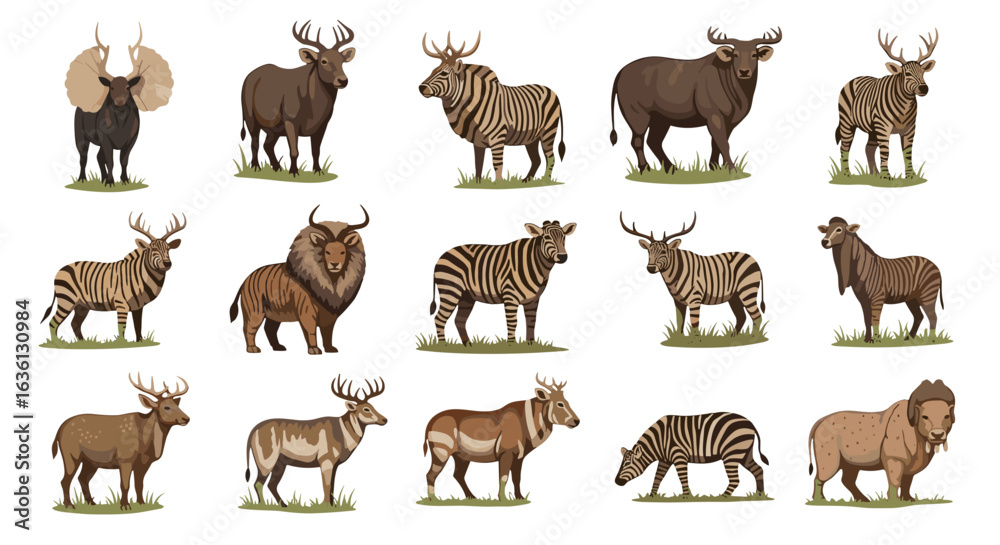 Obraz premium Illustration showing a variety of deer, zebra, and bovine species standing on grass patches
