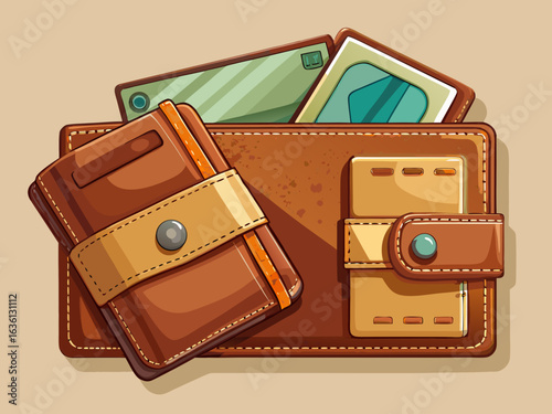 vector of Men's leather wallet set, brown color, light background...