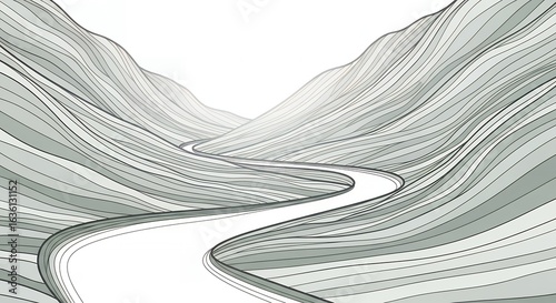 Abstract minimalist illustration of a winding white road traversing a grey and white layered landscape, depicting mountains or hills with flowing lines.
