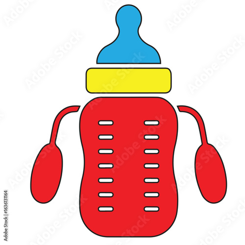 A colorful baby bottle with handles isolated on white background, designed for feeding milk or formula to infants, featuring a nipple and a plastic container, essential for newborn care and nutrition