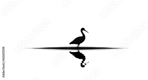 Minimalist Black and White Silhouette of a Heron or Wading Bird Standing in Water with Reflection