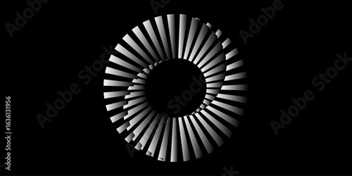  Abstract background with lines in circle. Artistic illustration with perspective on black background। Vector black circle frame cog space abstract bumpy Circle with rotating lines. 
