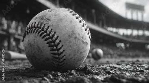 Monochrome depiction of a baseball on the ground at a stadium field