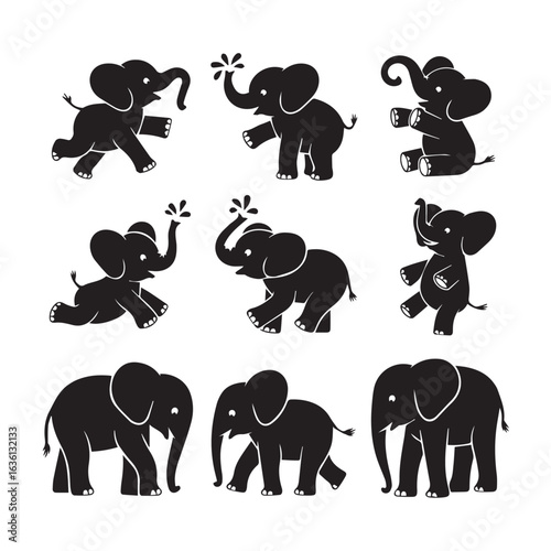 Charming silhouette collection of playful baby and adult elephants in various poses