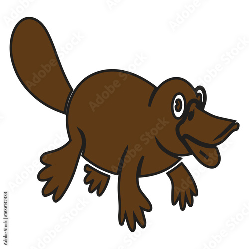 Cartoon platypus isolated on white background, showcasing its distinctive features like a ducklike bill, webbed feet, and a beaverlike tail, creating a whimsical and charming illustration