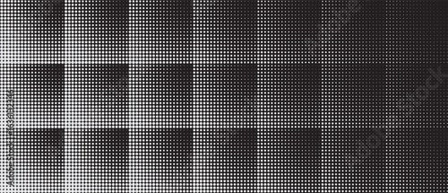 Abstract background with halftone dotted squares like mosaic. White dots on black background.