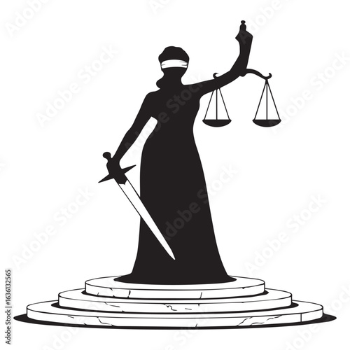 Silhouette of the lady justice, a symbolic figure representing the concept of justice, law, and fairness, holding scales and a sword, isolated on white background
