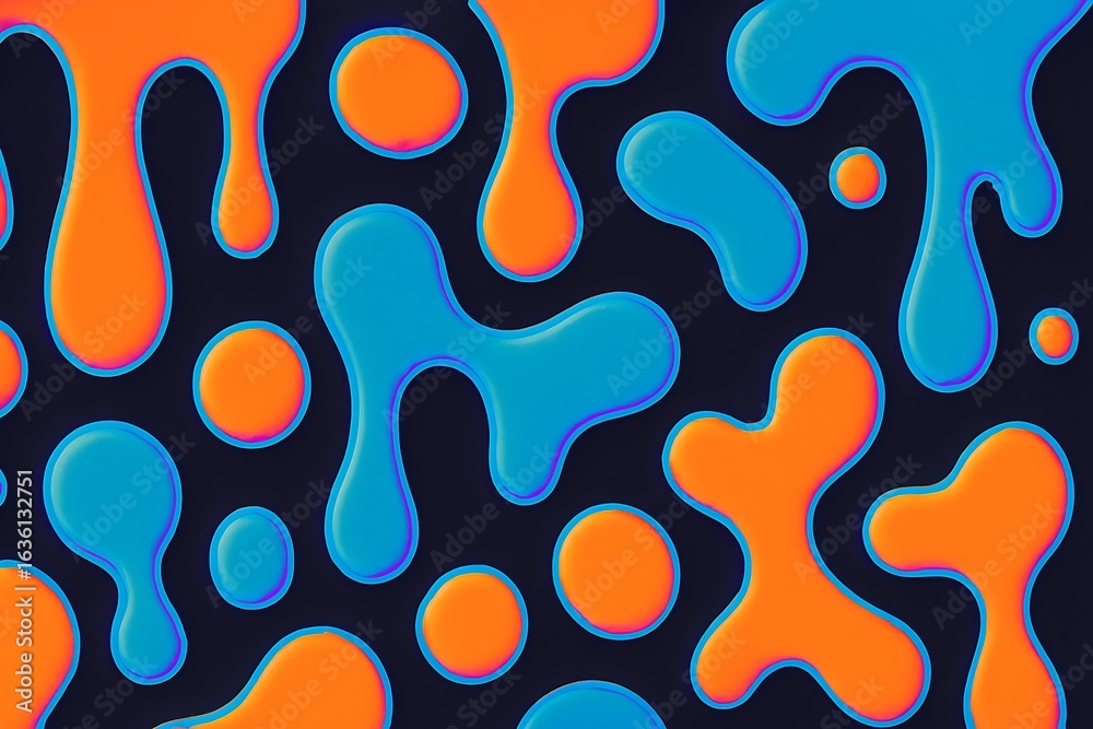 1920x1080 retro-futuristic liquid pattern with viscous, slow-dripping blobs in highlighter orange and plasma blue. Shapes mimic 1970s lava lamp flow with exaggerated surface tension.