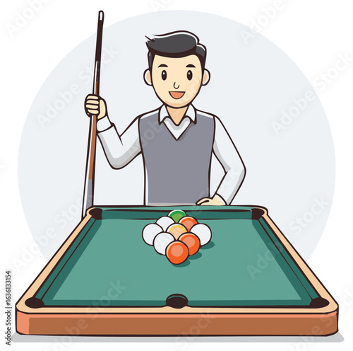 Young man with cue stick smiling behind a billiards table cartoon illustration