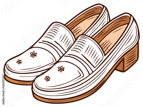 A pair of retro women's loafers with chunky heels and floral embroidery