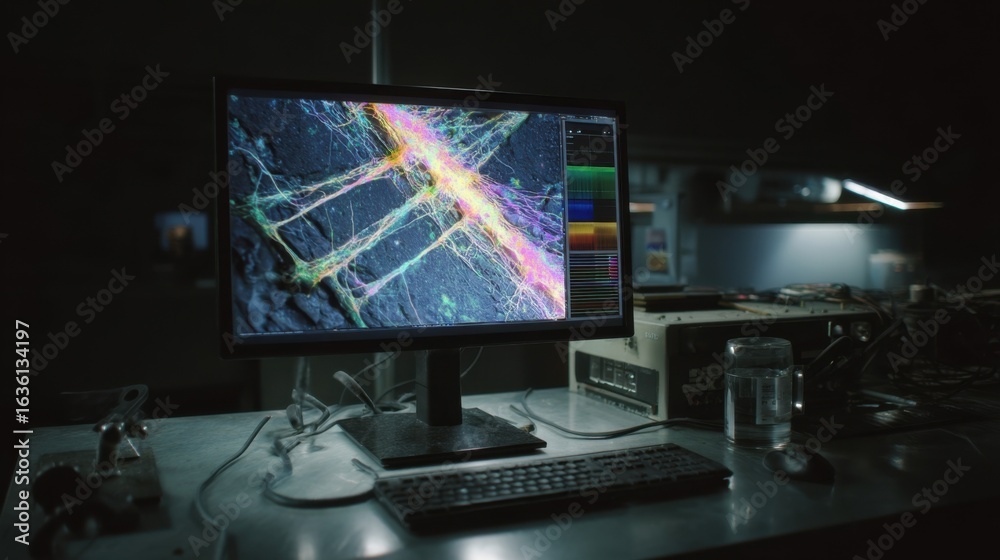 Naklejka premium An illuminated display of a monitor screen showcasing detailed 3D renderings generated by a neural radiancefield inspection highlighting stress fractures in a hidden weld.