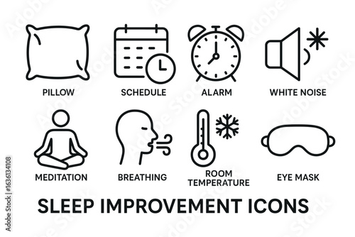 Sleep improvement icons: pillow, schedule, alarm, white noise, meditation, breathing
