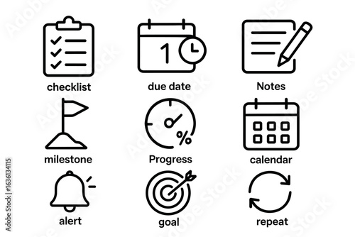 Icon set: checklist, due date, notes, milestone, progress, calendar, alert, goal, repeat symbols