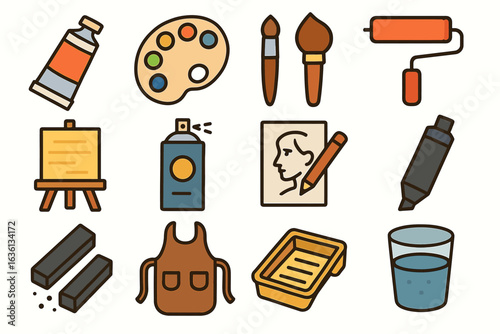 Colorful art tools collection: paints, brushes, roller, and palette for creative projects
