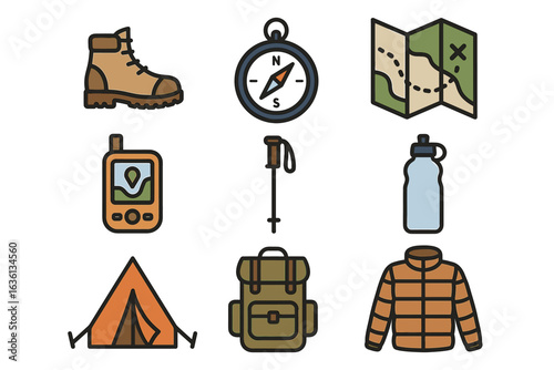 Hiking and camping essentials icons: boots, compass, map, gps, tent, backpack, jacket