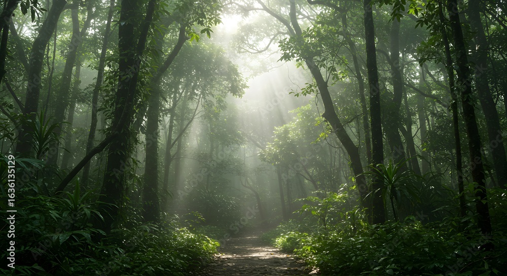 Obraz premium Sunbeams pierce a misty, green forest path, creating a serene and mysterious atmosphere.