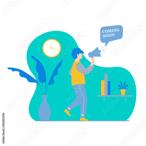 Coming Soon. Man with megaphone announcing coming soon isolated on transparent background.