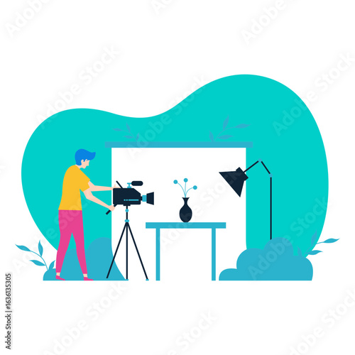 Film Making. Filmmaker operating a video camera in a studio setup isolated on transparent background.