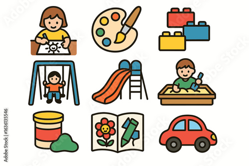 Child's playtime activities: drawing, painting, building, swinging, sliding, sand play